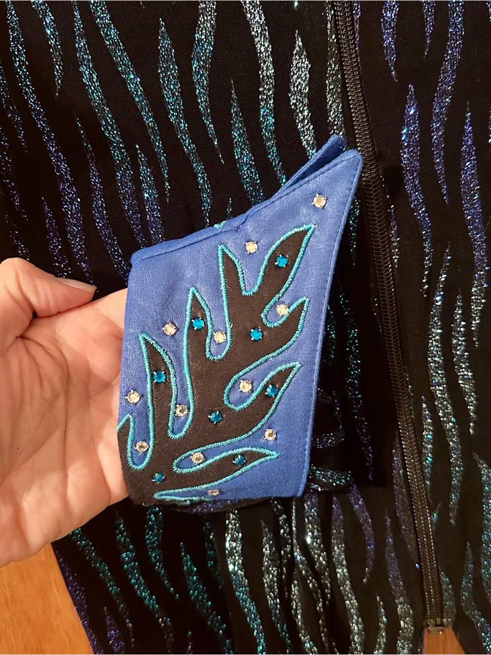 Lightweight Cobalt Blue & Black Embellished Zippered Jacket w/ Decorative Collar - Picture 3 of 6